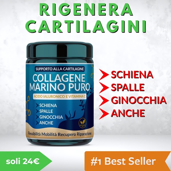 A direct-to-consumer ad creative featuring a Marine Collagen supplement jar with clear benefit callouts for specific body areas and an authoritative price tag.